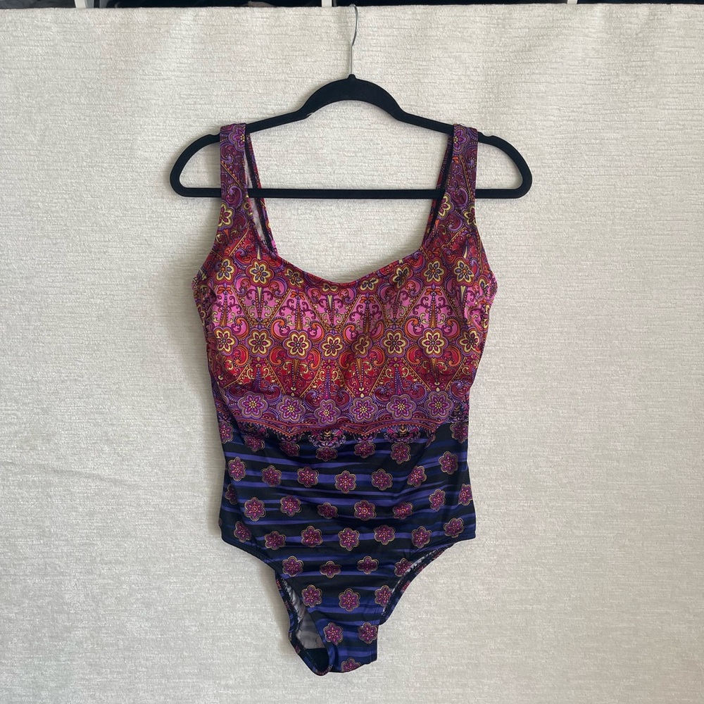 croft & barrow Pink and Navy Floral-Stripe One-Piece Swimsuit